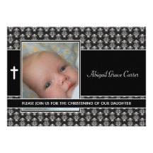 Black White Damask Baby Girl Photo Christening Announcements