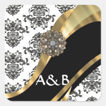 Black & white damask, faux jewel square sticker