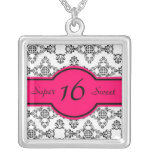 Black White Damask Hot Pink Sweet 16 Necklace