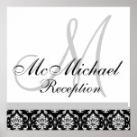 Black & White Damask  Monogram Wedding Reception Posters