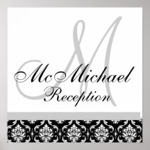 Black & White Damask  Monogram Wedding Reception Posters