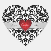 Black & White Damask Red Heart Thank You Sticker