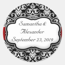 Black/White Damask Red Ribbon Envelope Seal/Favour Round Stickers