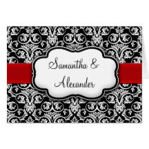 Black/White Damask Red Ribbon Greeting Cards