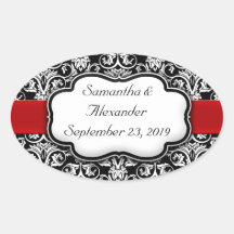 Black/White Damask Red Ribbon Oval Stickers