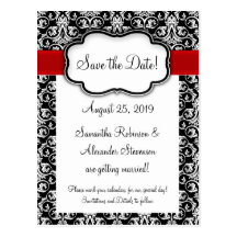 Black/White Damask Red Ribbon Postcard