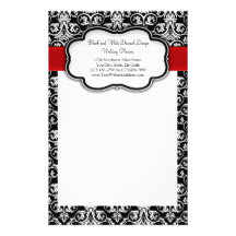 Black/White Damask Red Ribbon Stationery