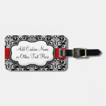 Black/White Damask Red Ribbon Travel Bag Tag