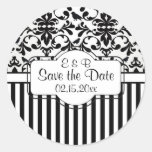 Black white Damask swirls, stripes Save the Date Round Stickers