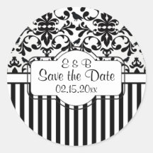 Black white Damask swirls, stripes Save the Date Round Stickers