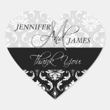 Black White Damask Wedding Favour Heart Sticker