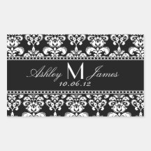 Black White Damask Wedding Wine Label Rectangular Stickers