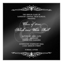 Black white formals dance ball prom elegant square custom invite