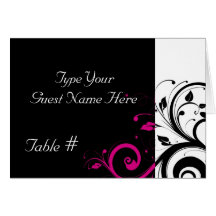 Black, White, Fuchsia Swirl Wedding Place Card