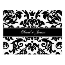 Black white & grey damask Wedding RSVP Postcard
