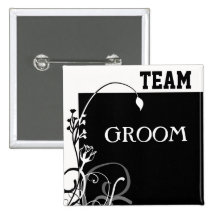 Black & White modern floral Team Groom MEN v3 Button