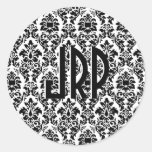 Black & White Monogrammed Damask Round Stickers