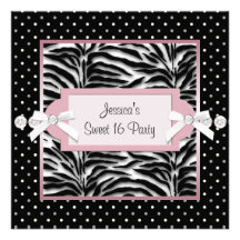 Black White Pink Zebra Sweet 16 Birthday Party Personalized Invitations