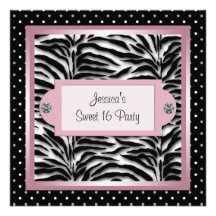 Black White Pink Zebra Sweet 16 Birthday Party Custom Announcements