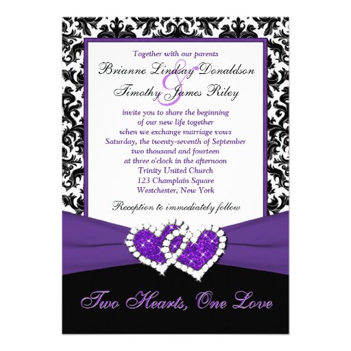Black White Purple Damask Hearts Wedding Invite 13 Cm X 18