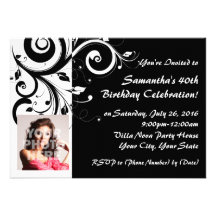 Black+White Reverse Swirl 40th Photo Invitations