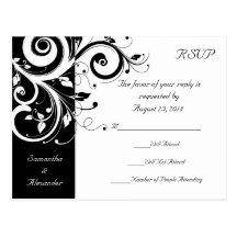 Black +White Reverse Swirl Wedding RSVP Postcard