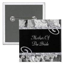 Black & White Roses & Diamond Swirls Wedding Pinback Buttons