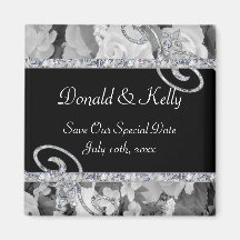 Black & White Roses & Diamond Swirls Wedding Refrigerator Magnets