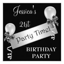 Black & White Silver Streamers Bows & Balloons Invite