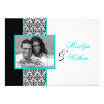 Black White Turquoise Damask Photo Wedding Invite