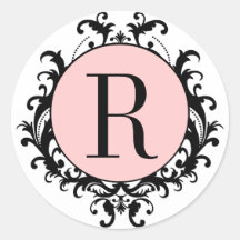 Black White Wedding Monogram R Damask Pink Label Round Sticker