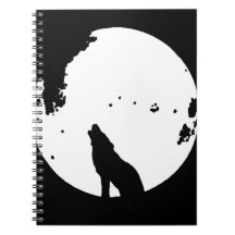 Black & White Wolf Howling at Moon Notebook