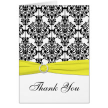 Black, White, Yellow Damask Thank You Note Card