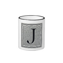 Block Letter "J" Woodcut Woodblock Inital Mugs