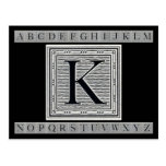 Block Letter "K" Woodcut Woodblock Inital Postcard