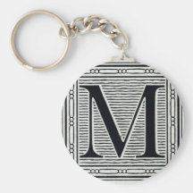 Block Letter "M" Woodcut Woodblock Inital Key Chains