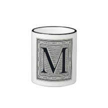 Block Letter "M" Woodcut Woodblock Inital Mugs