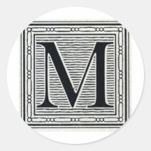 Block Letter "M" Woodcut Woodblock Inital Round Stickers