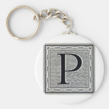 Block Letter "P" Woodcut Woodblock Inital Keychains