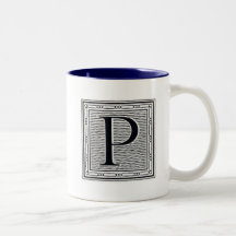 Block Letter "P" Woodcut Woodblock Inital Coffee Mug