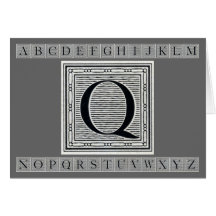 Block Letter "Q" Woodcut Woodblock Inital Card