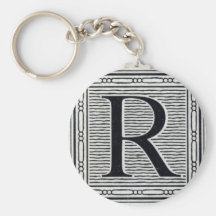Block Letter "R" Woodcut Woodblock Inital Keychain