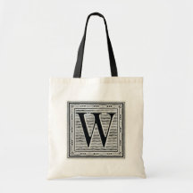 Block Letter "W" Woodcut Woodblock Inital Canvas Bags
