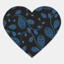 Blue Abstract Vine Pattern on Black Heart Sticker