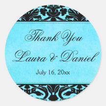 Blue and Black Damask 1.5" Thank You Sticker