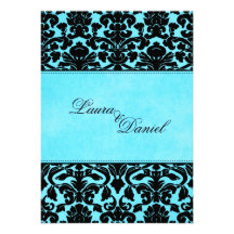 Blue and Black Damask Linen Wedding Invitation