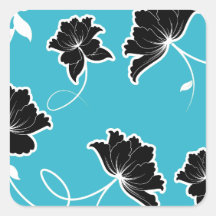 Blue and Black Floral Print Square Stickers