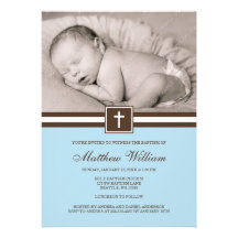 Blue and Brown Cross Boy Photo Baptism Personalised Invite