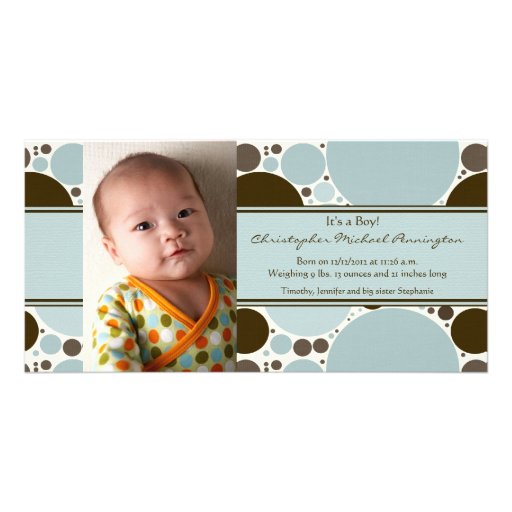 Blue and brown modern dots boy's baby announcement photo greeting card