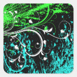 Blue and Green Floral Grunge Square Sticker